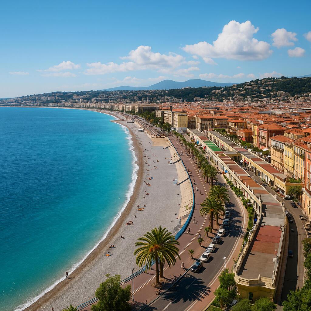 Panoramafoto der französischen Côte d’Azur mit türkisblauem Meer, eleganter Küstenstadt, Palmen und mediterraner Atmosphäre bei goldenem Sonnenlicht.