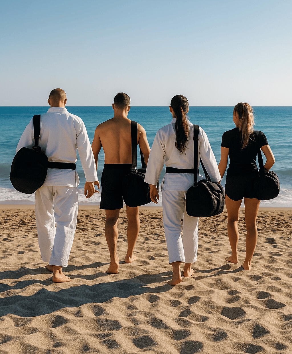 Gruppe junger MMA- und Jiu-Jitsu-Athleten in Shorts und Kimonos, die gemeinsam über einen Sandstrand zur Mittelmeerküste laufen – Symbol für Teamgeist, Bewegung und Abenteuer.